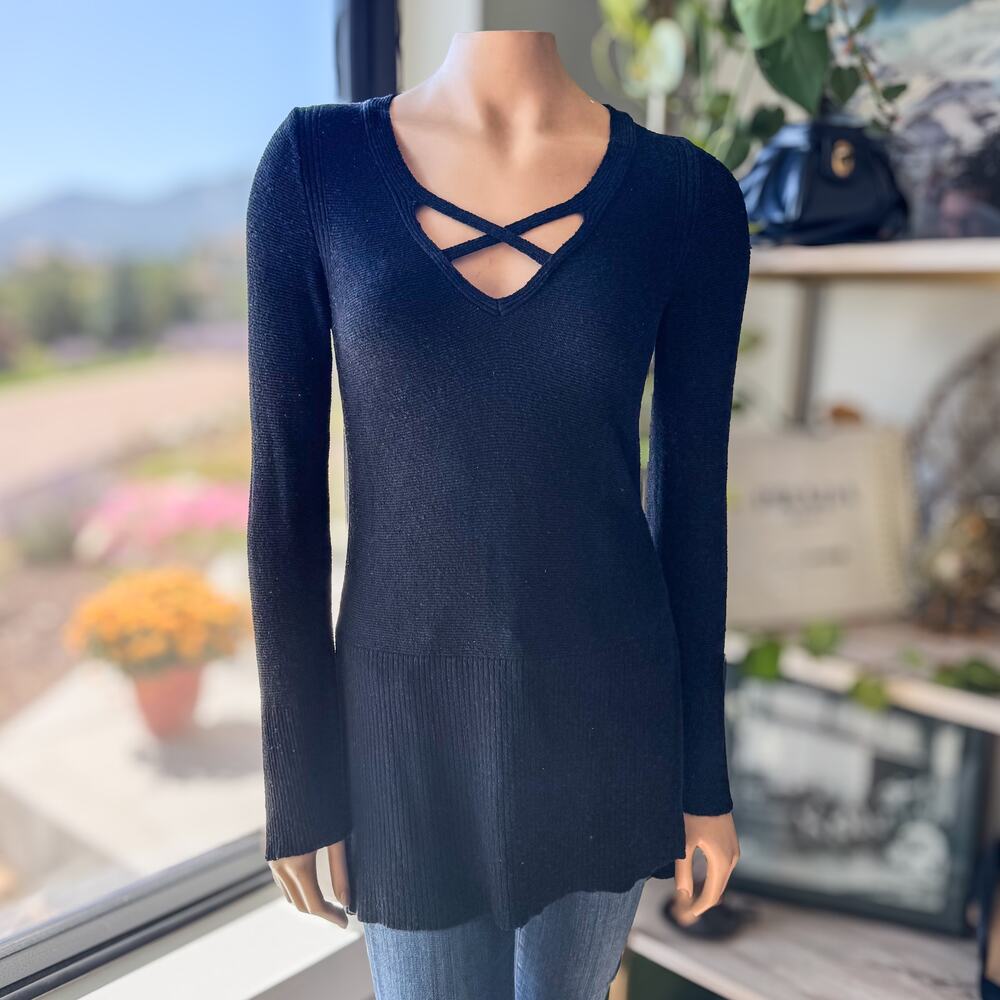 Free People Crisscross V-Neck Tunic Sweater Knit Grey Black XS Extra Small Fall